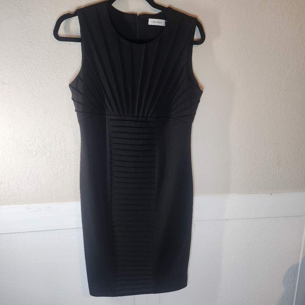 Calvin Klein Sz 6 Sheath Dress Black Midi Career Cap Sleeve Cocktail Lined Zip